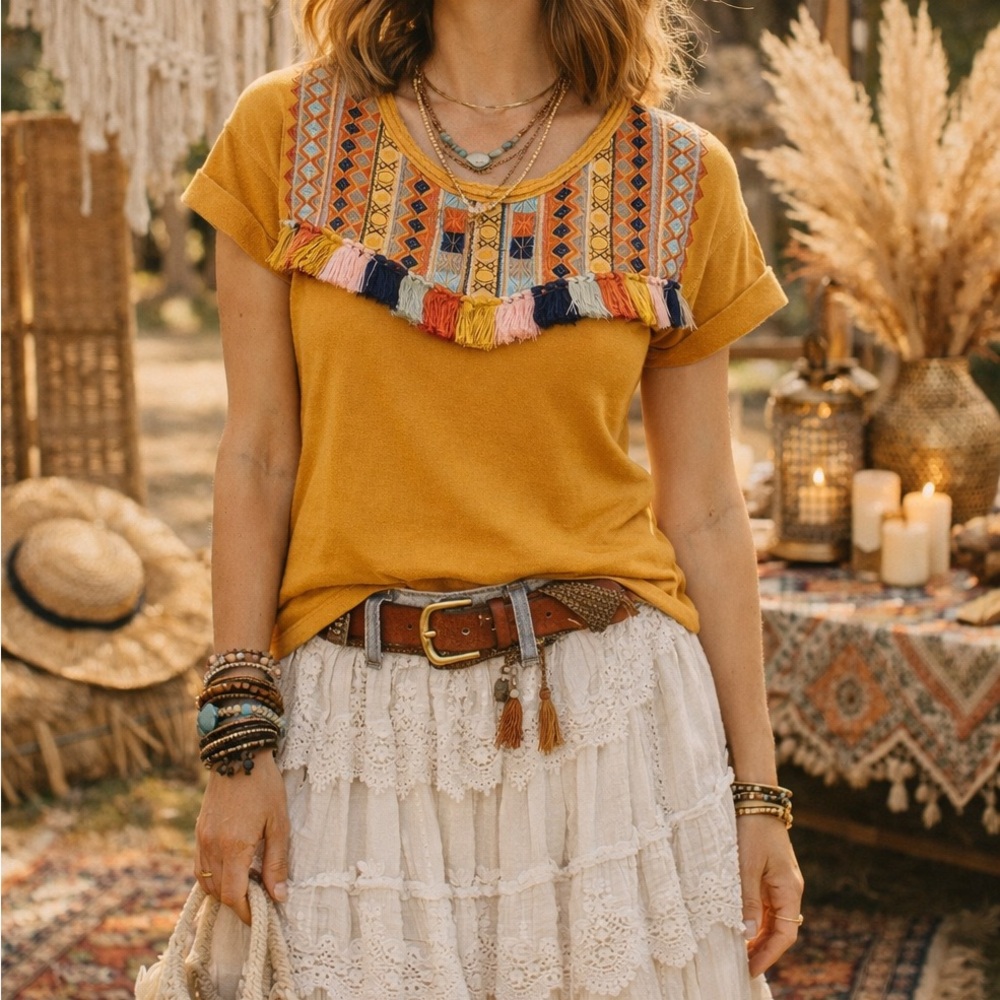 Anthropologie Chloe Oliver Valencia Tassel Top Yellow Colorful Fringe Boho XS